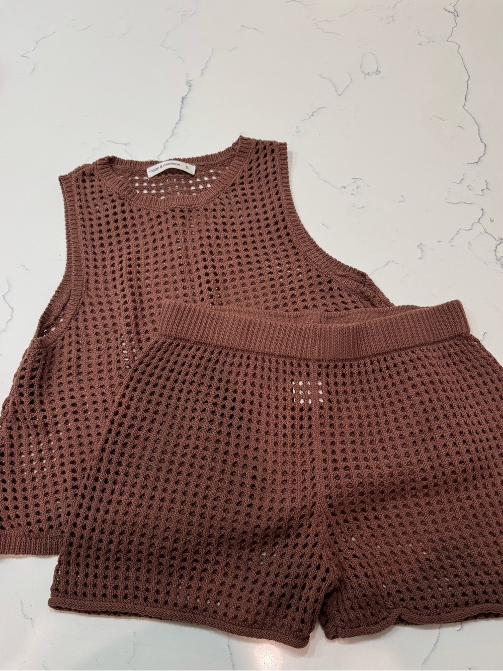 moon & madison Brown Crochet Knit Tank and Shorts Set